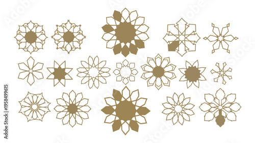 Geometric floral patterns in beige and gold on black background
