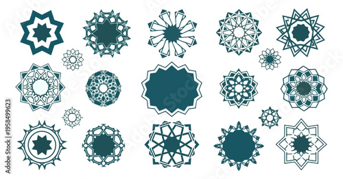 Geometric floral patterns in teal and white on black background