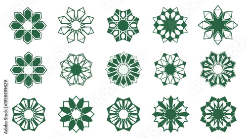 Geometric floral patterns in emerald green on black background