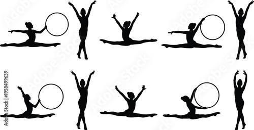 Black silhouette collection of female rhythmic gymnasts performing splits and hoop exercises isolated on white background for sports and fitness.
