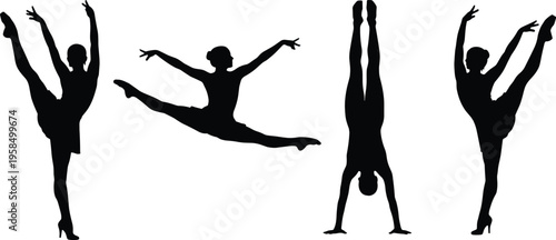 Set of elegant gymnast and ballerina silhouettes performing various dance poses including splits and handstands isolated on white background for sports and performing arts