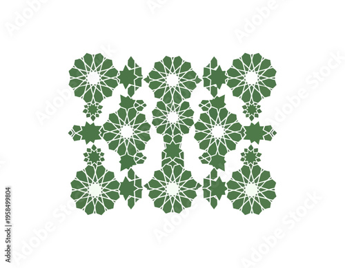 Geometric pattern design in green and white against black background