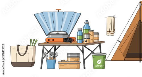 Camping gear and supplies on table with tent