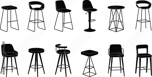 Set of modern bar stool silhouettes with various chair designs and tall counter seating styles isolated on white background for interior furniture graphic design
