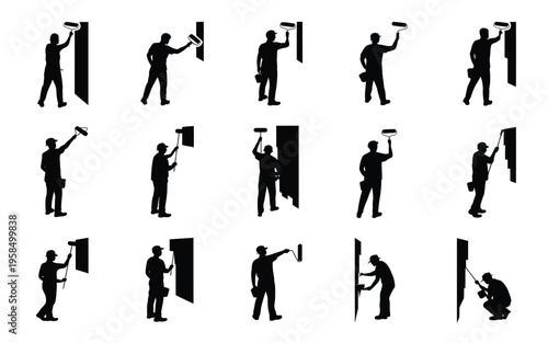 Silhouettes of construction workers performing wall building tasks with tools like hammers drills and saws in dynamic poses for industry and labor concepts