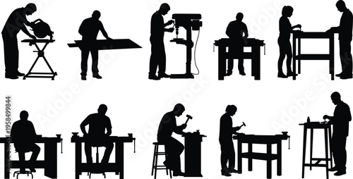 Black silhouette collection of carpenters and workers using tools and machinery at workbenches isolated on white background for industrial design.