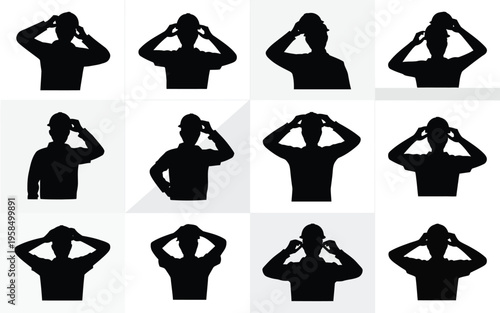Silhouettes of people using binoculars in various poses black isolated vector illustration set minimalist style exploration concept