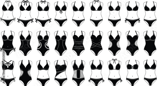 Set of various bikini and one piece swimsuit silhouettes featuring diverse beachwear styles and swimwear designs isolated on white background for summer fashion illustration