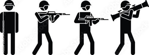 Set of soldier silhouettes featuring military personnel with rifles and rocket launchers in combat poses isolated on white background for army defense graphic design