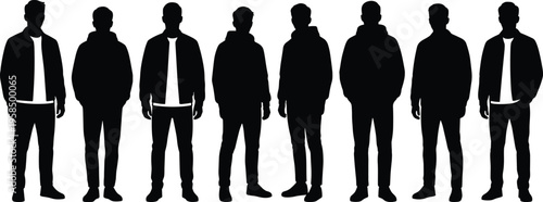 Black silhouettes of men standing in a row wearing casual jackets, hoodies, and streetwear, group of male figures, isolated white background.