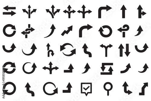 Road traffic direction arrows flat set. You-turn, left, right, two way, three way transportation direction arrow symbol. decision icon vector Trafic way icon