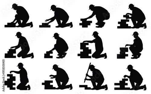 Silhouettes of workers engaged in various construction tasks including hammering drilling measuring and sawing on a clean white background