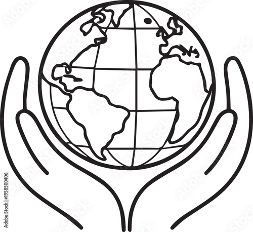 Globe in Hands Icon, Environmental Protection Concept, Minimal Outline Earth Care Vector Illustration