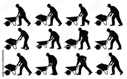 Silhouette of workers pushing wheelbarrows with heavy loads in sequence industrial labor concept hardworking team effort repetitive motion black and white