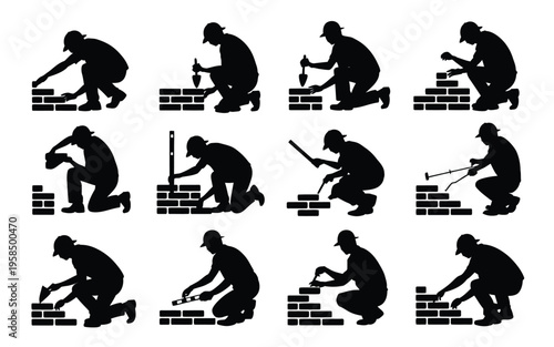 Silhouettes of workers in construction performing various tasks such as bricklaying drilling hammering and measuring depicted in black against a white background showcasing