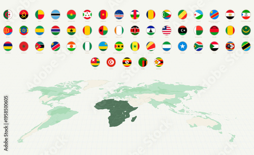 Collection of Round Flags of Africa with Africa Highlighted on a World Map.