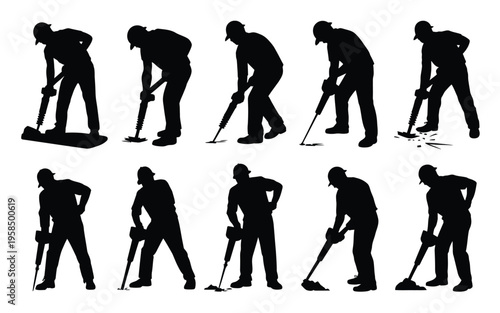 Silhouettes of a man performing various tasks with a shovel featuring dynamic poses and strenuous effort in a minimalist design style suitable for industrial or construction themes