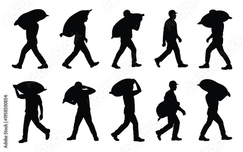 Silhouettes of men carrying large sacks over shoulders walking in sequence minimalist design black figures on white background