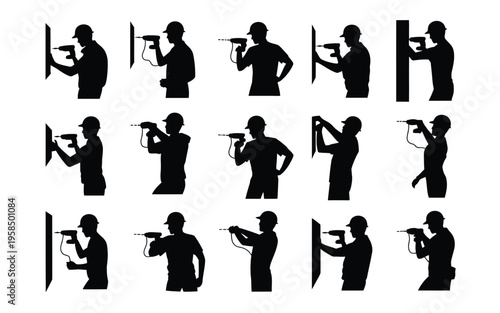 Silhouettes of construction workers performing tasks with drills hammers and tools in various poses for building and renovation