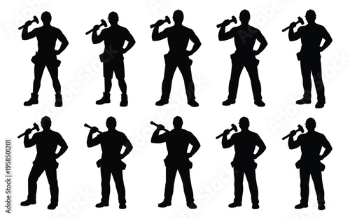 Silhouettes of workers in various poses holding tools like hammers and wrenches showcasing strength and dedication in construction or manual labor settings