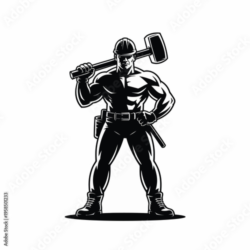 Powerful muscular worker holding a large hammer over shoulder wearing a hard hat belt and boots black and white retro illustration style with strong shadow and bold outline