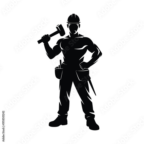 Silhouette of a muscular worker with a helmet holding a hammer over the shoulder in a powerful stance symbolizing strength and labor in construction or industrial settings