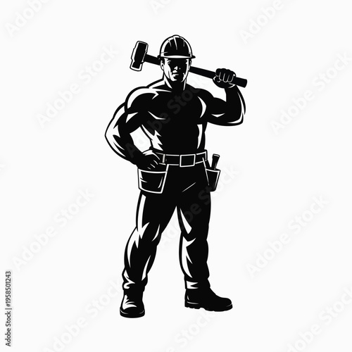 Strong black silhouette of a muscular worker in a hard hat confidently holding a hammer over his shoulder
