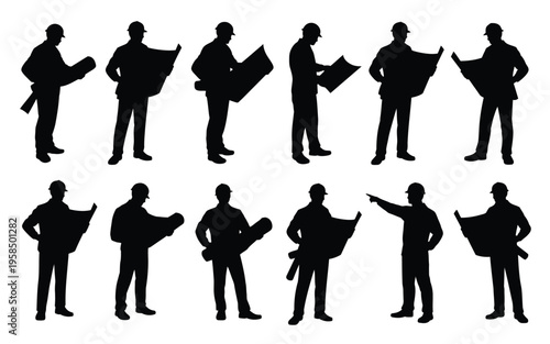 Silhouettes of business men holding large maps pointing at directions isolated on white background vector illustration of teamwork and collaboration in minimalist style