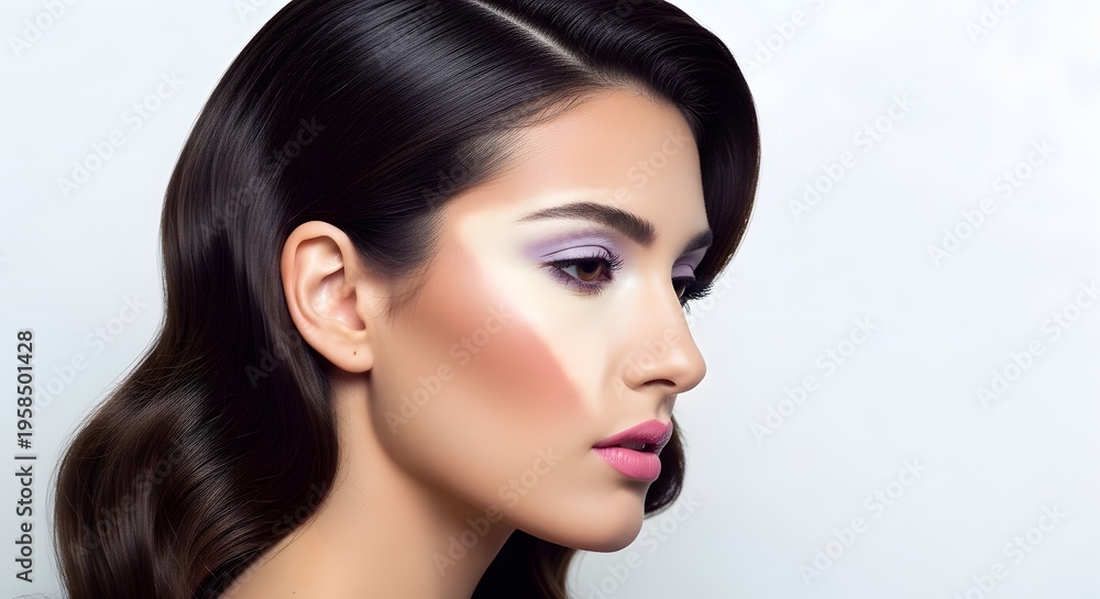 Fototapeta premium Elegant Woman with Makeup and Dark Hair, Beauty and Cosmetics Concept