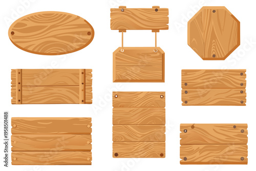 Clean wooden signboard collection, stylized grain texture, soft lighting, slightly embossed look, modern flat vector illustration, isolated and evenly spaced