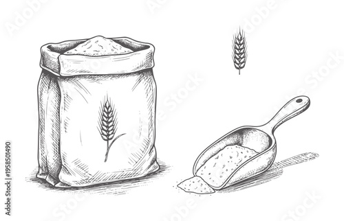 Black and white of flour sack and scoop with wheat