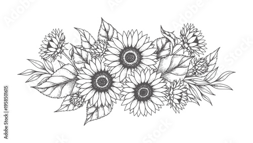 Black and white sunflower bouquet with leaves sunflowers flowers petals