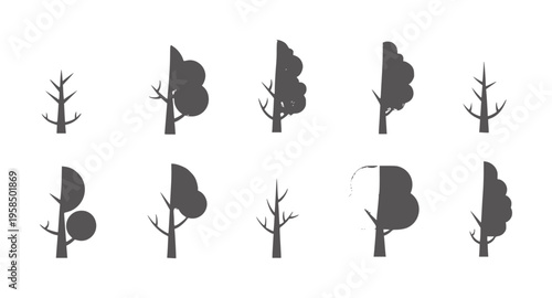 Collection of stylized dark gray tree white silhouette