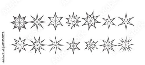 Collection of twelve dark grey starburst shapes with sharp points and geometric patterns