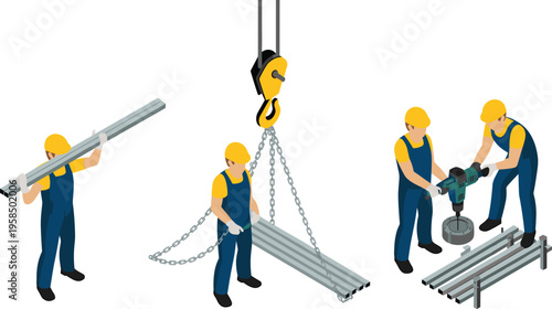 Construction workers carrying metal beams using crane chain hoist and drilling equipment industrial work process isometric illustration of engineering tasks