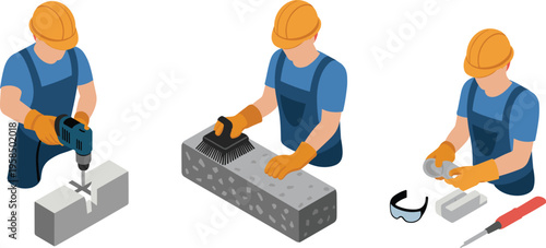 Construction worker using tools drilling cutting and cleaning block illustration set showing manual labor industry safety equipment flat design