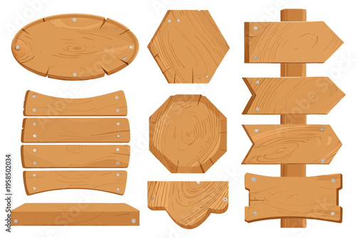 High-quality vector wooden signs, smooth edges, warm light brown tones, subtle gloss effect, multiple geometric and organic shapes, arranged neatly