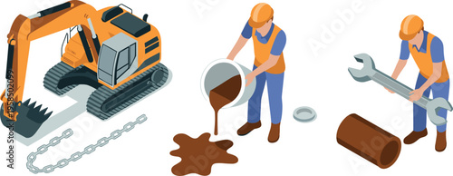 Construction workers with excavator tools maintenance engineering heavy equipment industrial process flat vector illustration modern building work concept