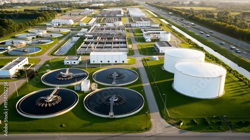 High angle aerial perspective of a modern sewage and wastewater treatment plant, showing sedimentation tanks and purification facilities for treating urban and industrial effluent at sunset