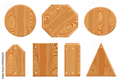Minimal wooden board icons set, consistent wood grain texture, soft shadows and highlights, rounded shapes, flat yet slightly dimensional vector design