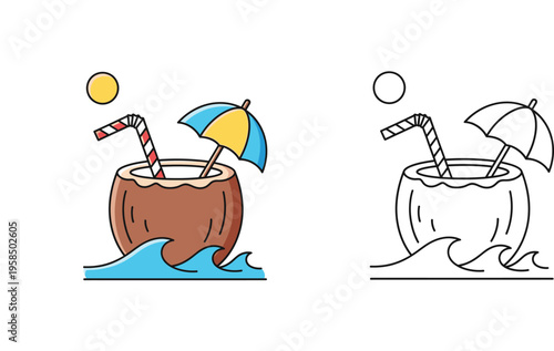 Tropical Coconut Cocktail Icon Set with Straw and Umbrella on Ocean Waves, Summer Beach Drink Illustration in Color and Line Art Styles for Travel and Vacation Design