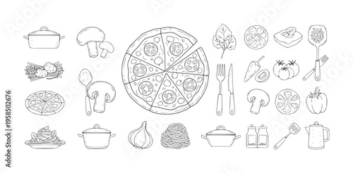 Hand drawn line collection of Italian food and cooking ingredients pizza pasta mushroom
