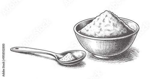 Hand drawn of a bowl and spoon filled with powder ingredient cooking