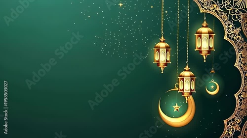 Ornate Islamic lanterns and crescent moon on a green background, viewed from a side angle.