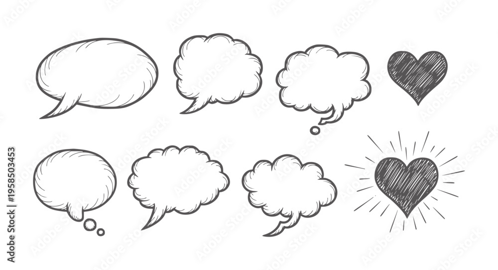 Obraz premium Hand drawn speech bubbles and hearts with rough texture