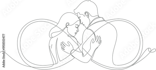 Continuous one line drawing of a loving couple embracing each other, symbolizing connection, intimacy, and a deep emotional bond between two people.