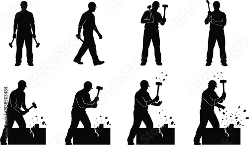 Construction worker silhouettes using hammer tools breaking stone blocks, demolition process, manual labor actions, industrial building work and masonry destruction illustration set