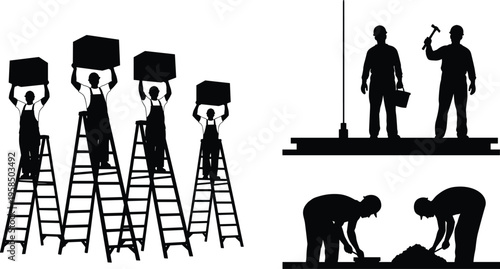 Construction worker silhouettes on ladders lifting boxes, teamwork building activity, manual labor tasks including digging and tool handling industrial illustration set
