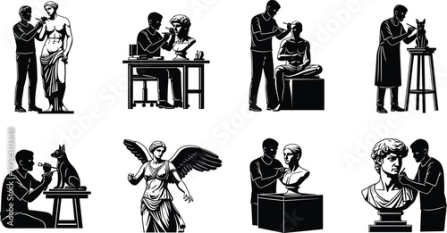 Sculptor artist silhouettes crafting classical statues and busts, detailed stone carving process in art studio, creative sculpture and restoration illustration set