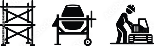 Construction icons silhouettes featuring scaffolding, concrete mixer and worker operating compactor isolated on white background, industrial equipment, 